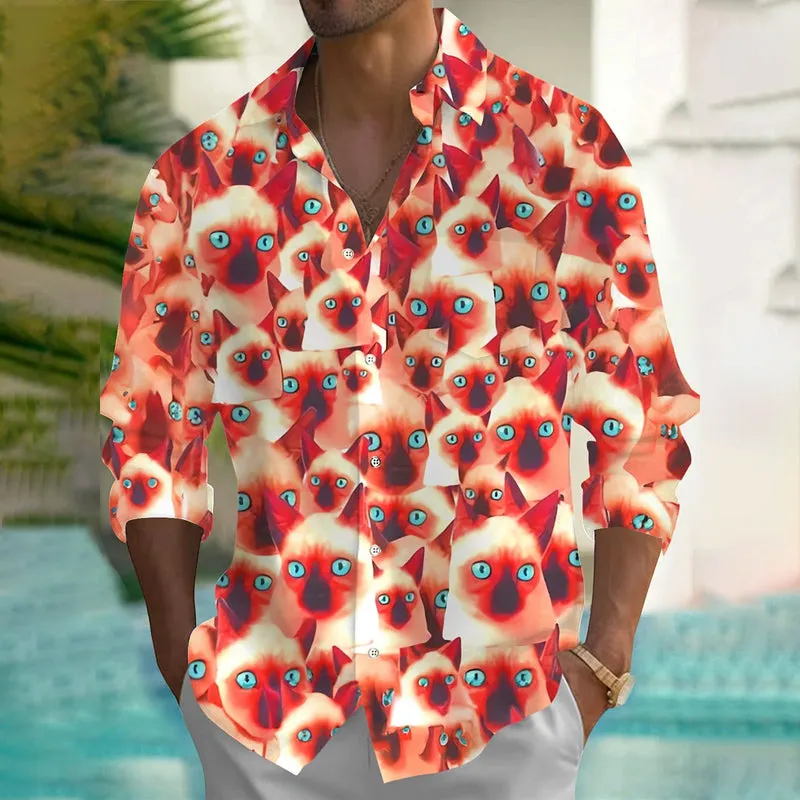 Men's Cat Printed Long Sleeve Shirts